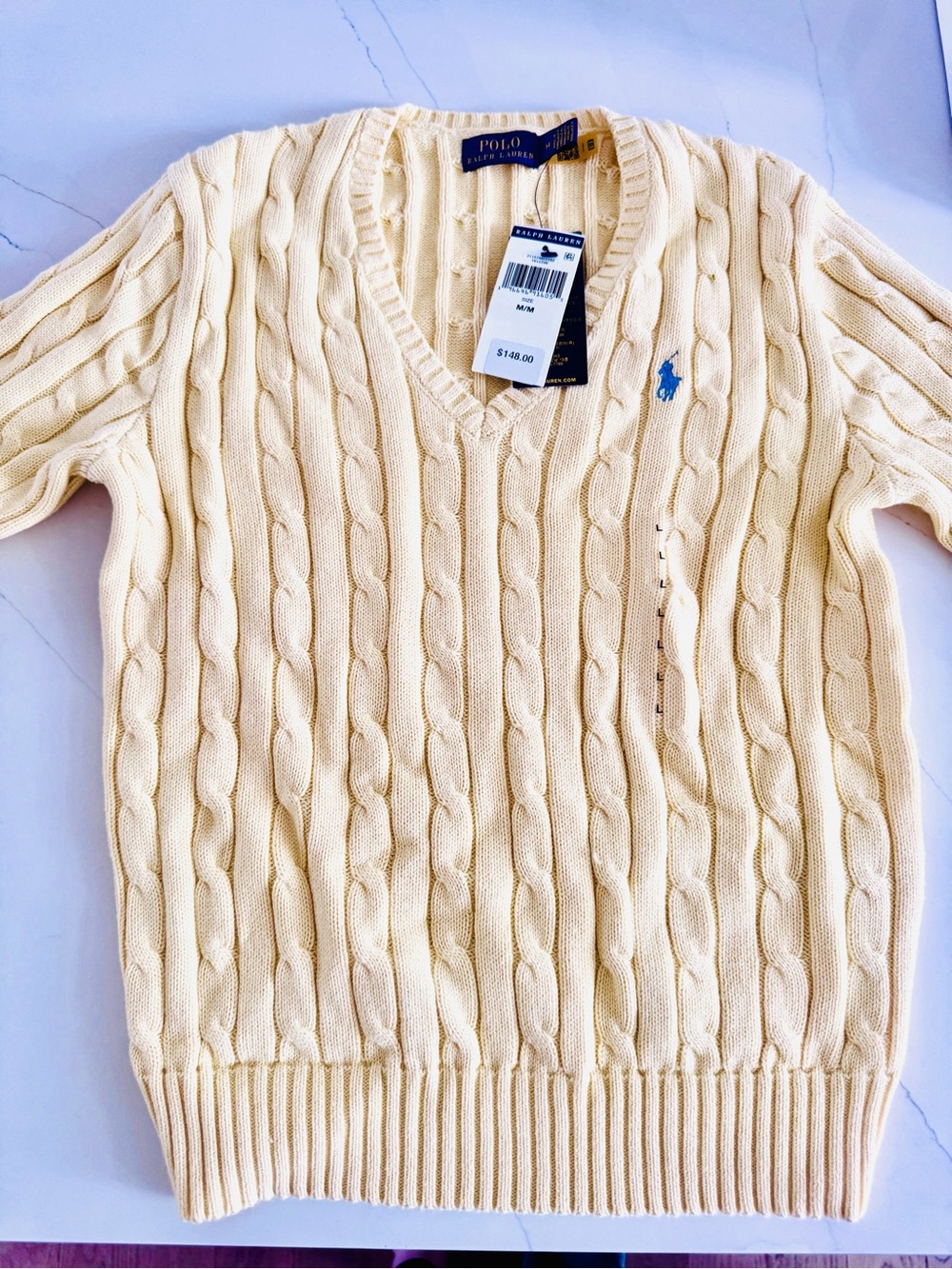 NWT Ralph Lauren Butter Yellow cotton v neck cable knit sweater size M $148 - Picture 5 of 5